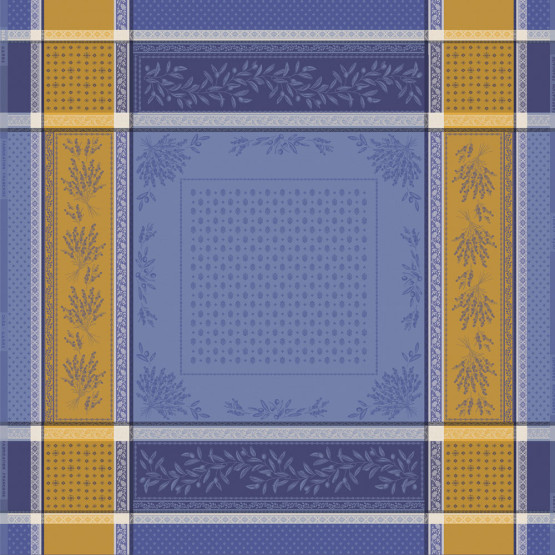 Nappe carrée Olea Jacquard en bleu et jaune – Élégance provençale et praticité réunies pour une table chaleureuse et raffinée.