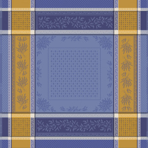 Nappe carrée Olea Jacquard en bleu et jaune – Élégance provençale et praticité réunies pour une table chaleureuse et raffinée.