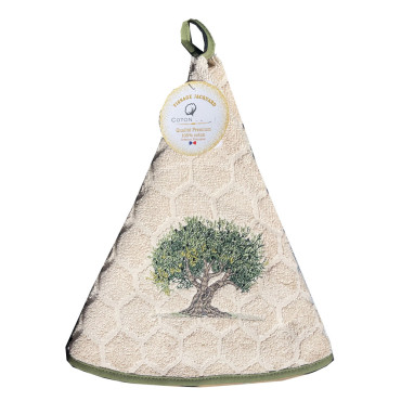 essuie-main-rond-éponge-coton-jacquard-brodé-olivier-beige-cuisine-salle-de-bain