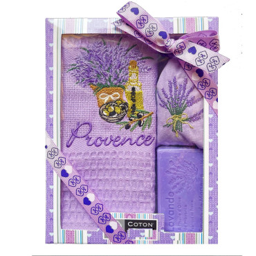 coffret 3 pièces, torchon brodé lavande et bouteille d'huile d'olive, savon et sachet de lavande