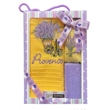 Coffret Torchon coton nid d'abeille jaune et savon lavande et sachet de lavande