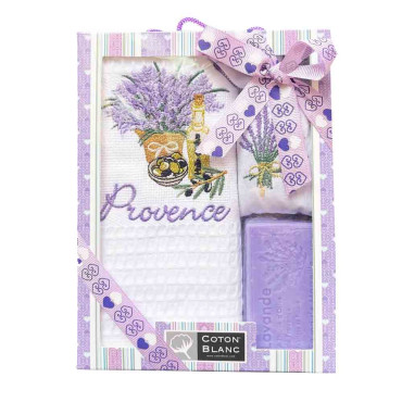 Coffret cadeau aux senteurs de Provence : torchon nid d’abeille brodé, savon à la lavande et sachet parfumé. Idéal à offrir !