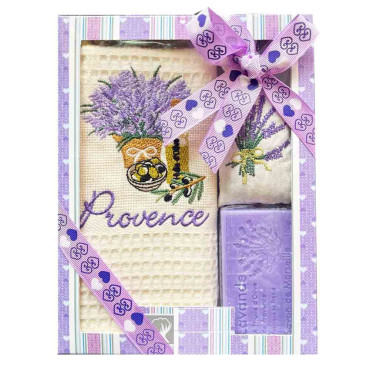 Coffret cadeau aux senteurs de Provence : torchon nid d’abeille brodé, savon à la lavande et sachet parfumé. Idéal à offrir !