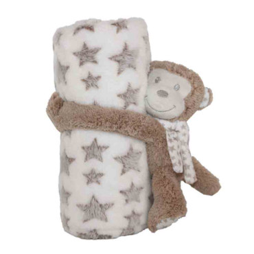 Adorable coffret doudou singe et plaid tout doux, idéal pour les premiers câlins de bébé.